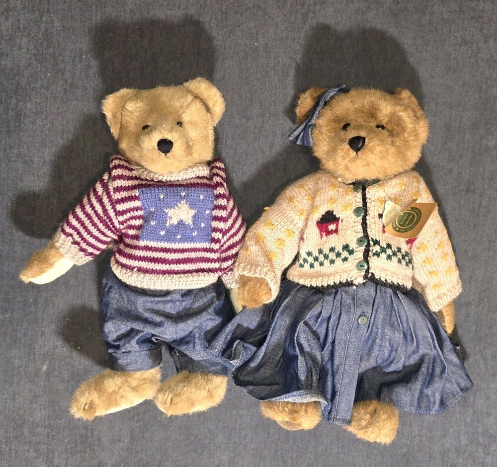 Vintage Boyds Bears Plush Teddy Bear Pair Knit Sweaters Denim Outfits